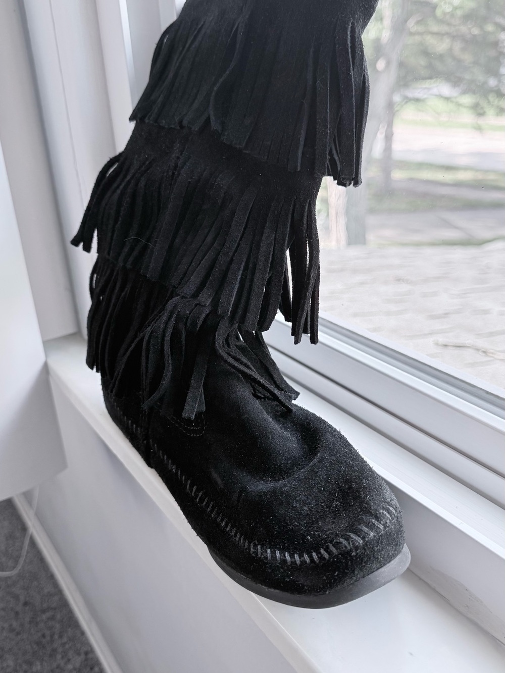 Minnetonka Black Suede Fringe Moccasin Boots